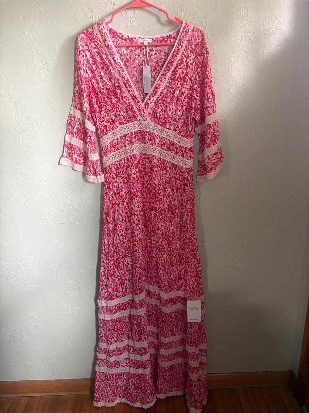 Poupette St. Barth Pink and White Floral V‑Neck Lace-Trim Maxi Dress